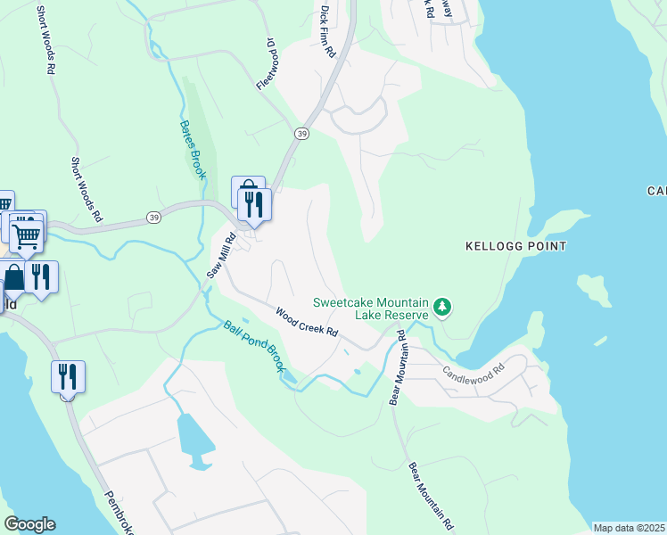 map of restaurants, bars, coffee shops, grocery stores, and more near 12 Woods Way in New Fairfield