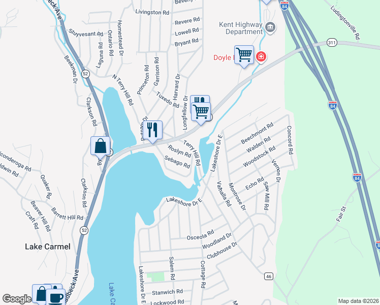 map of restaurants, bars, coffee shops, grocery stores, and more near 26 Roslyn Road in Carmel Hamlet