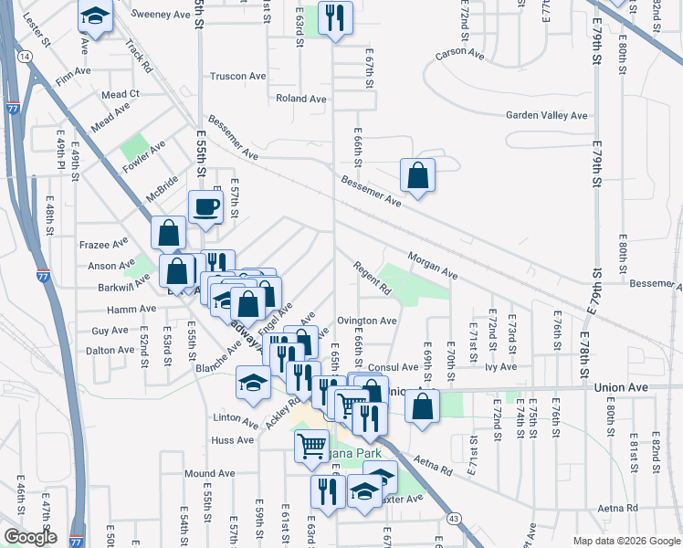 map of restaurants, bars, coffee shops, grocery stores, and more near 3343 East 65th Street in Cleveland