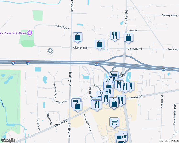 map of restaurants, bars, coffee shops, grocery stores, and more near 1310 Crossings Parkway in Westlake