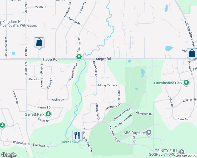 map of restaurants, bars, coffee shops, grocery stores, and more near 3479 Innsbruck Lane in Crete