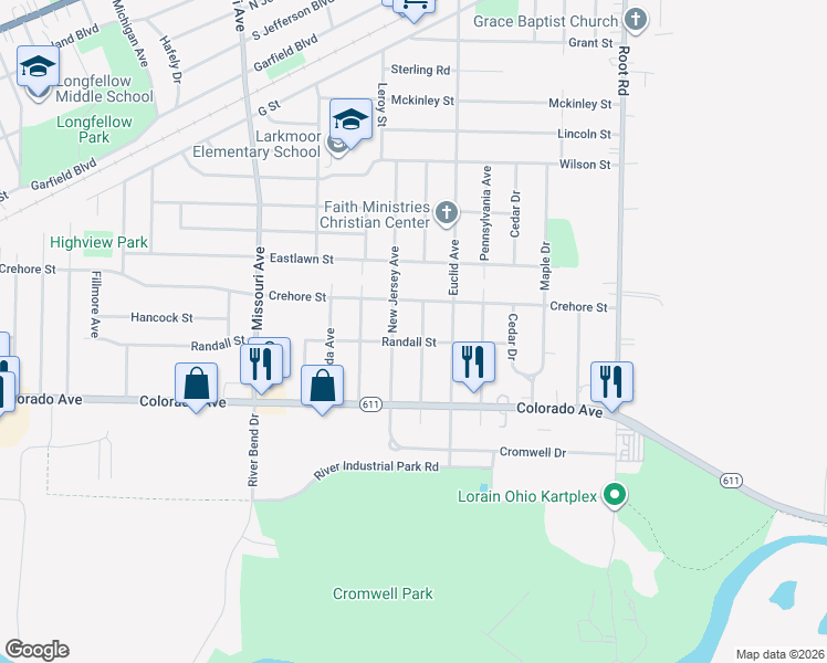 map of restaurants, bars, coffee shops, grocery stores, and more near 1524 New Mexico Ave in Lorain