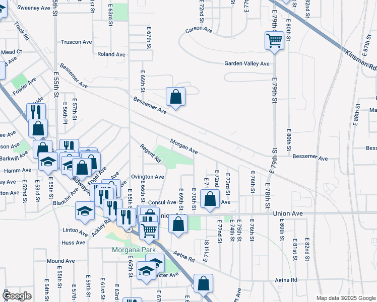 map of restaurants, bars, coffee shops, grocery stores, and more near 6826 Morgan Avenue in Cleveland