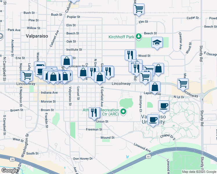 map of restaurants, bars, coffee shops, grocery stores, and more near 807 Laporte Avenue in Valparaiso