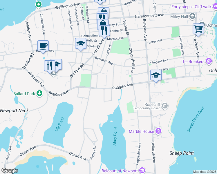 map of restaurants, bars, coffee shops, grocery stores, and more near 122 Ruggles Avenue in Newport