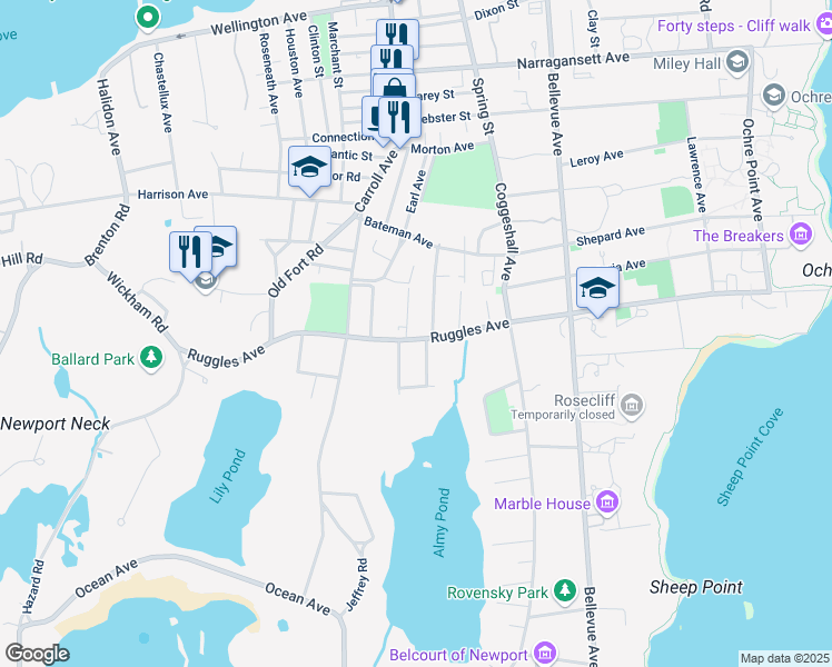 map of restaurants, bars, coffee shops, grocery stores, and more near 122 Ruggles Avenue in Newport