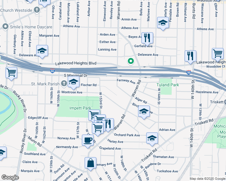 map of restaurants, bars, coffee shops, grocery stores, and more near 15006 Dana Avenue in Cleveland
