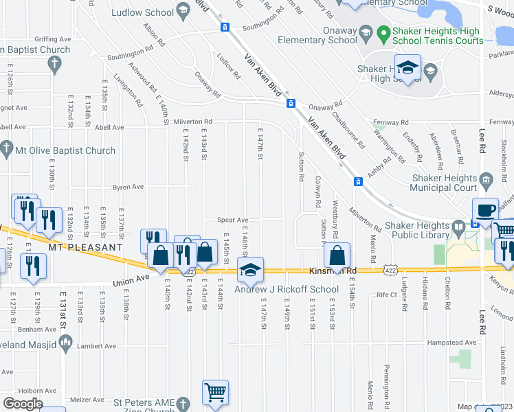 map of restaurants, bars, coffee shops, grocery stores, and more near 3384 East 147th Street in Cleveland