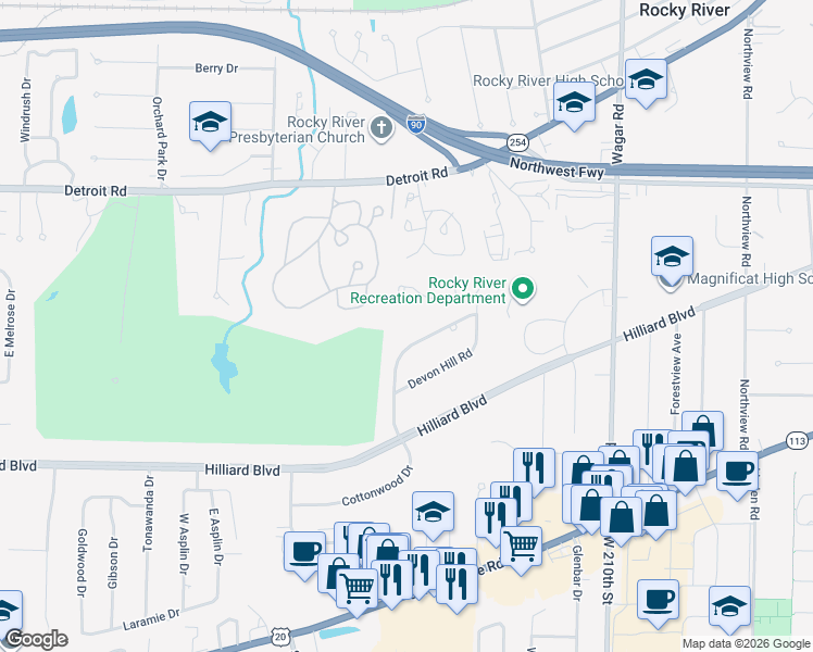 map of restaurants, bars, coffee shops, grocery stores, and more near 2724 Country Club Boulevard in Rocky River