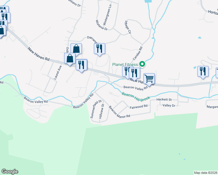 map of restaurants, bars, coffee shops, grocery stores, and more near 701 Beacon Valley Road in Naugatuck