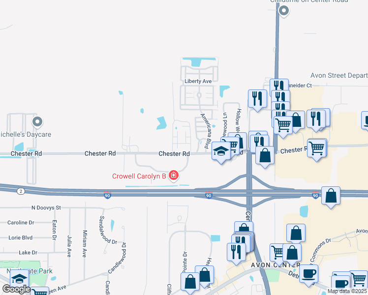 map of restaurants, bars, coffee shops, grocery stores, and more near 36651 Bordeaux in Avon