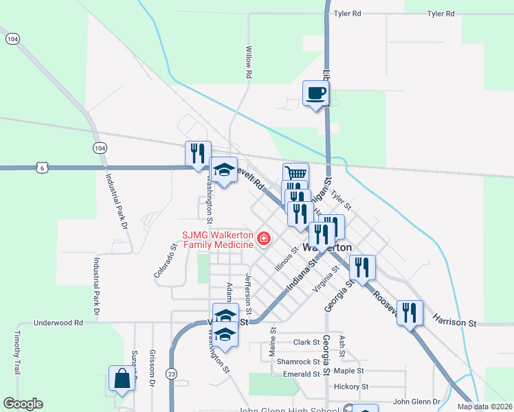 map of restaurants, bars, coffee shops, grocery stores, and more near 407 Kentucky Street in Walkerton