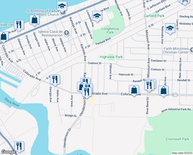 map of restaurants, bars, coffee shops, grocery stores, and more near 1548 Maine Avenue in Lorain