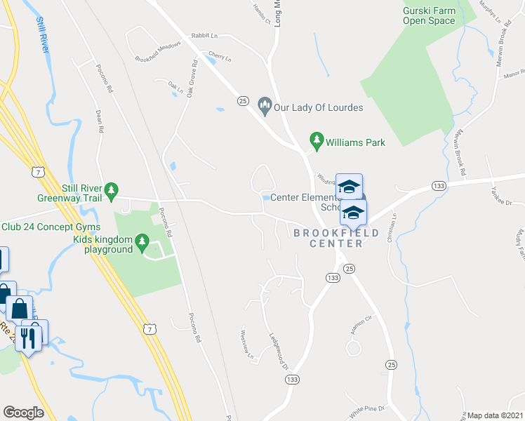 map of restaurants, bars, coffee shops, grocery stores, and more near 23 Silvermine Manor in Brookfield