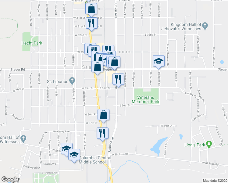 map of restaurants, bars, coffee shops, grocery stores, and more near 3508 Union Avenue in Steger