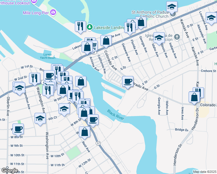 map of restaurants, bars, coffee shops, grocery stores, and more near 224 East Marina Parkway in Lorain