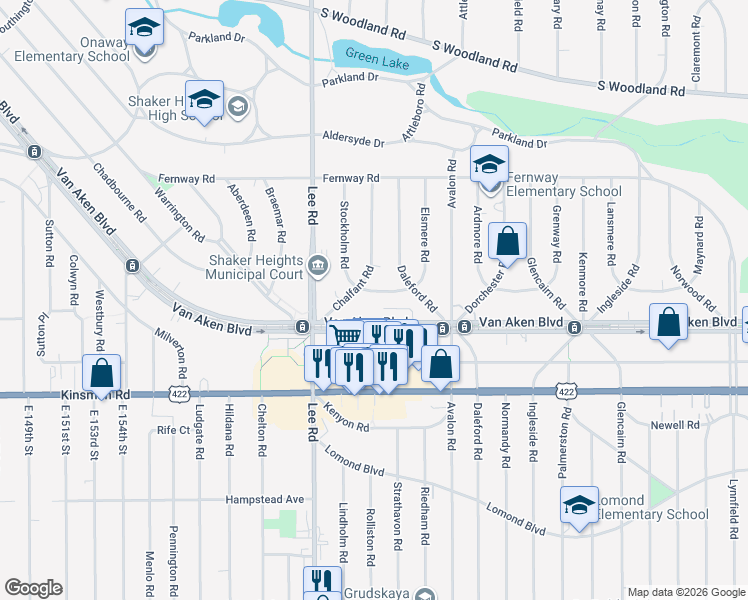map of restaurants, bars, coffee shops, grocery stores, and more near 16732 Holbrook Road in Shaker Heights