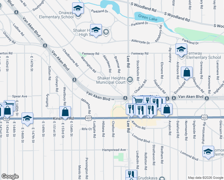 map of restaurants, bars, coffee shops, grocery stores, and more near 3382 Clayton Boulevard in Shaker Heights