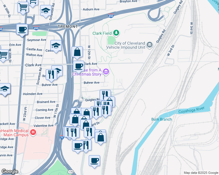 map of restaurants, bars, coffee shops, grocery stores, and more near 1078 Holmden Ave in Cleveland