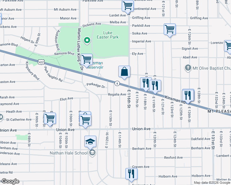map of restaurants, bars, coffee shops, grocery stores, and more near 3357 East 113th Street in Cleveland