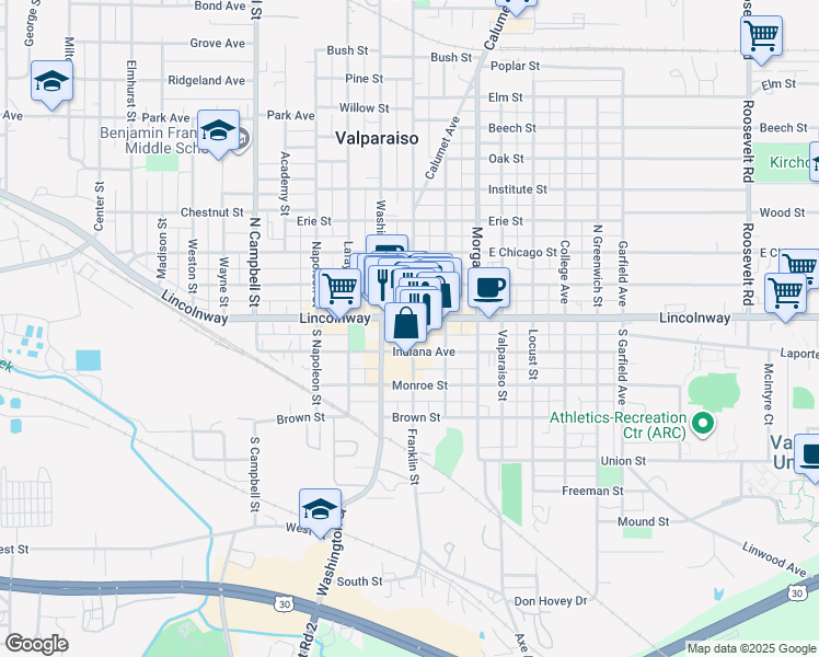 map of restaurants, bars, coffee shops, grocery stores, and more near 75 Franklin Street in Valparaiso