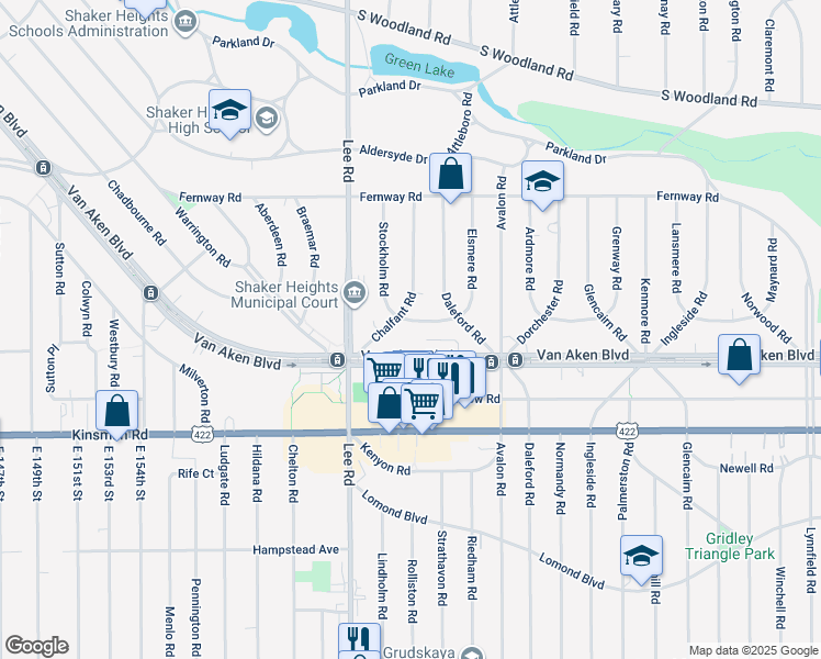 map of restaurants, bars, coffee shops, grocery stores, and more near 16732 Holbrook Road in Shaker Heights