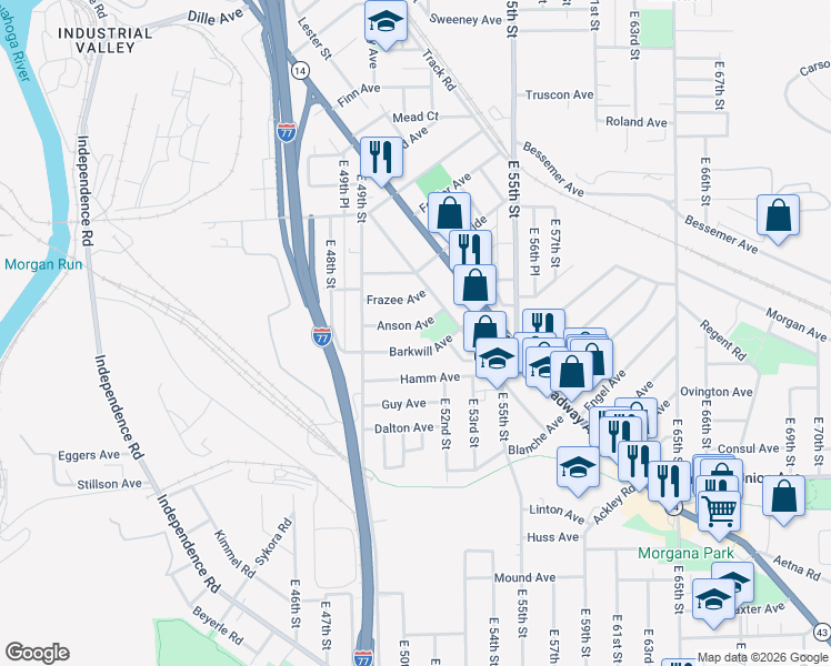 map of restaurants, bars, coffee shops, grocery stores, and more near 5018 Anson Avenue in Cleveland