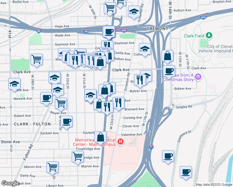 map of restaurants, bars, coffee shops, grocery stores, and more near 2227 Althen Avenue in Cleveland