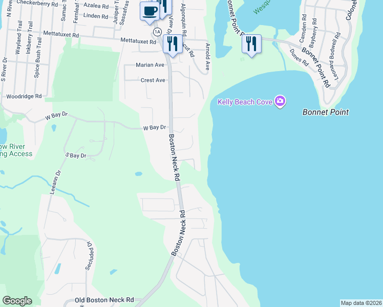map of restaurants, bars, coffee shops, grocery stores, and more near 739 Boston Neck Road in Narragansett