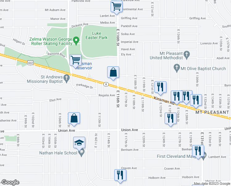 map of restaurants, bars, coffee shops, grocery stores, and more near 3350 East 116th Street in Cleveland