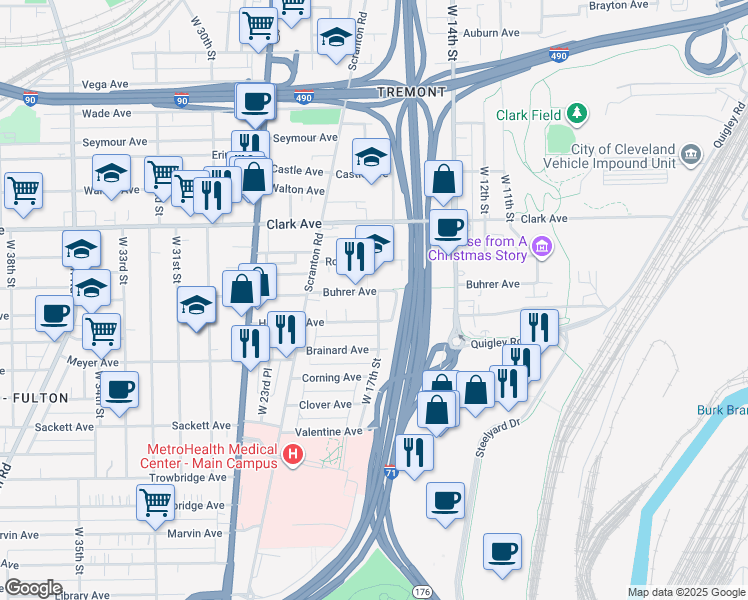 map of restaurants, bars, coffee shops, grocery stores, and more near 3188 West 17th Street in Cleveland