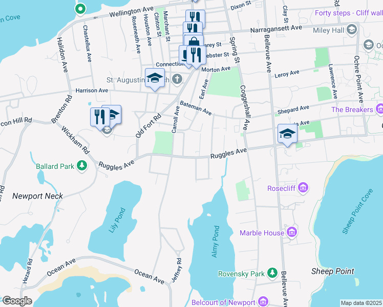 map of restaurants, bars, coffee shops, grocery stores, and more near 106 Ruggles Avenue in Newport
