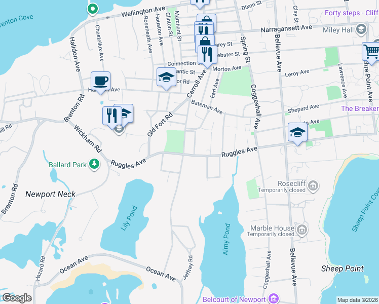 map of restaurants, bars, coffee shops, grocery stores, and more near 106 Ruggles Avenue in Newport