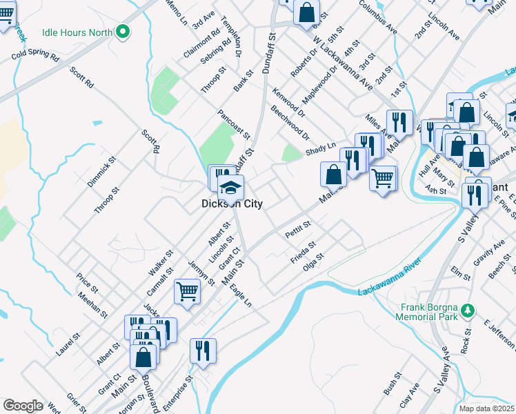 map of restaurants, bars, coffee shops, grocery stores, and more near 1207 Harriet Street in Dickson City