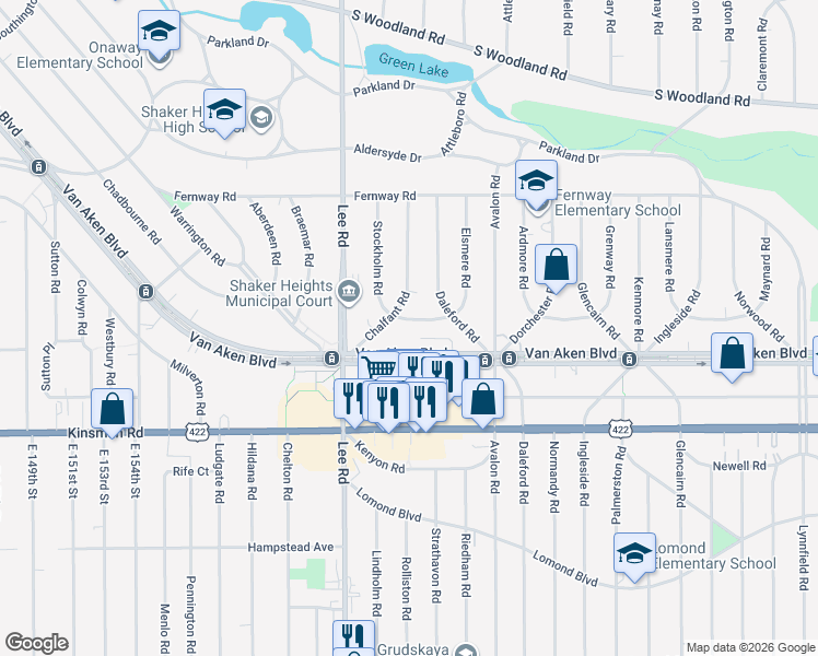 map of restaurants, bars, coffee shops, grocery stores, and more near 16732 Holbrook Road in Shaker Heights