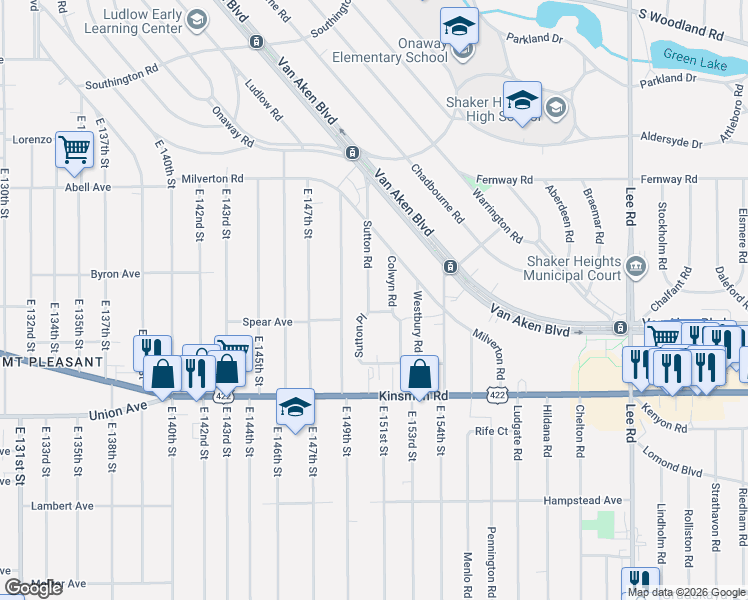 map of restaurants, bars, coffee shops, grocery stores, and more near 3383 Sutton Road in Shaker Heights