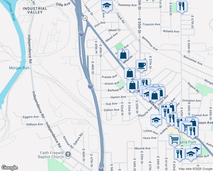 map of restaurants, bars, coffee shops, grocery stores, and more near 3329 East 49th Street in Cleveland