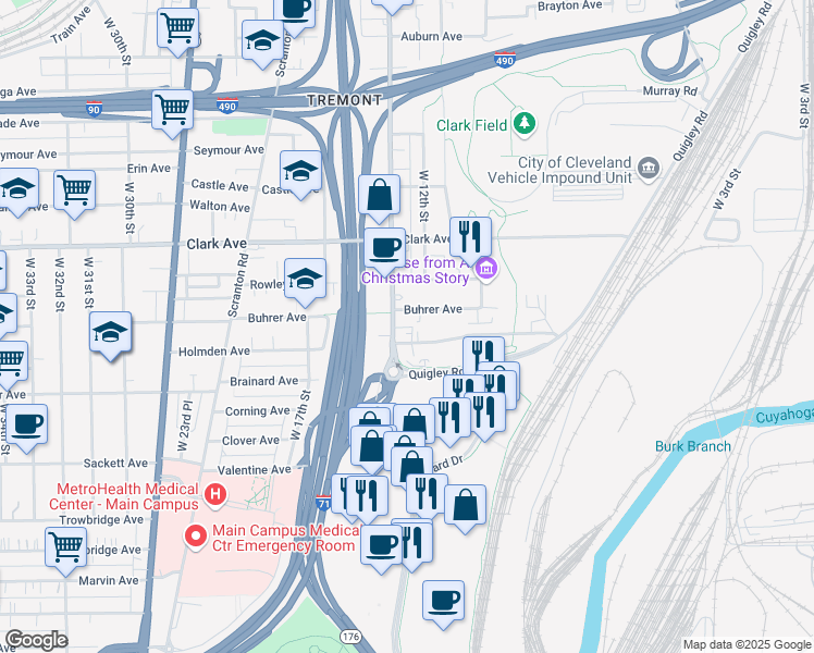 map of restaurants, bars, coffee shops, grocery stores, and more near 1198 Holmden Avenue in Cleveland