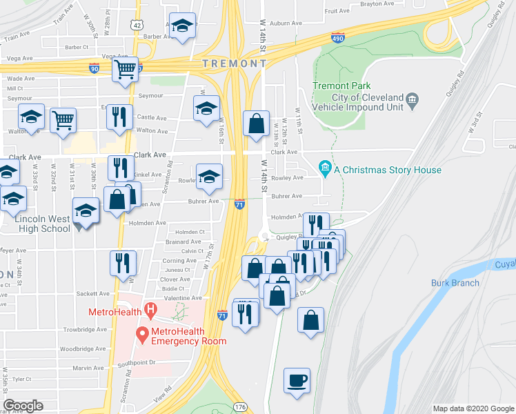 map of restaurants, bars, coffee shops, grocery stores, and more near 3188 West 14th Street in Cleveland