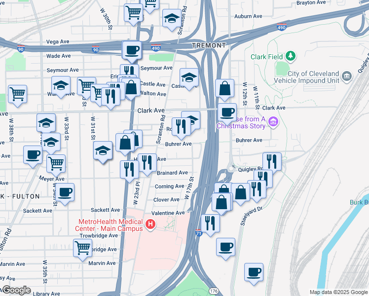 map of restaurants, bars, coffee shops, grocery stores, and more near 3188 West 17th Street in Cleveland