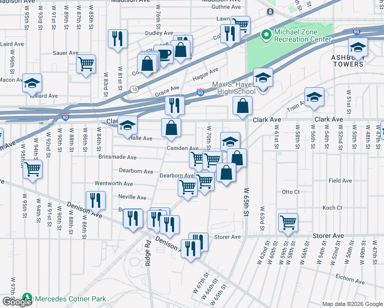 map of restaurants, bars, coffee shops, grocery stores, and more near 7115 Camden Avenue in Cleveland