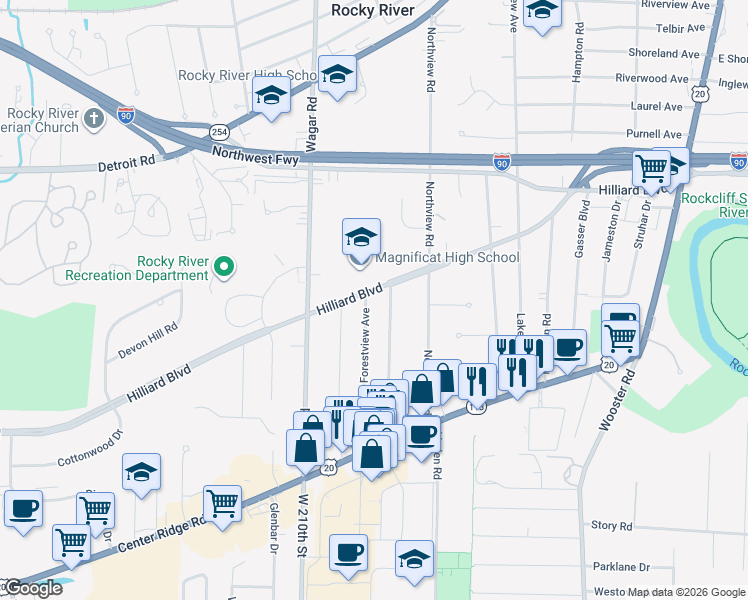 map of restaurants, bars, coffee shops, grocery stores, and more near 20685 Hilliard Boulevard in Rocky River