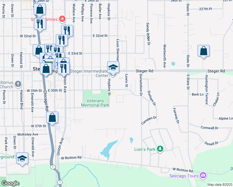 map of restaurants, bars, coffee shops, grocery stores, and more near 347-355 Columbia Circle in Steger