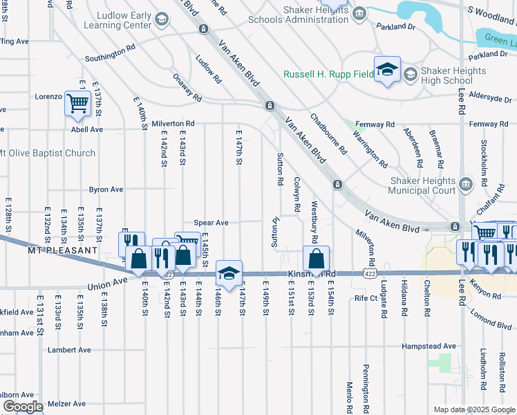 map of restaurants, bars, coffee shops, grocery stores, and more near 3386 East 149th Street in Cleveland