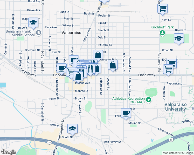 map of restaurants, bars, coffee shops, grocery stores, and more near 51 Morgan Boulevard in Valparaiso