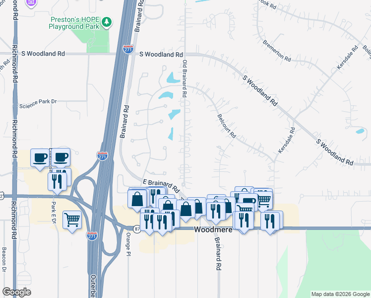 map of restaurants, bars, coffee shops, grocery stores, and more near 3387 Brainard Road in Pepper Pike