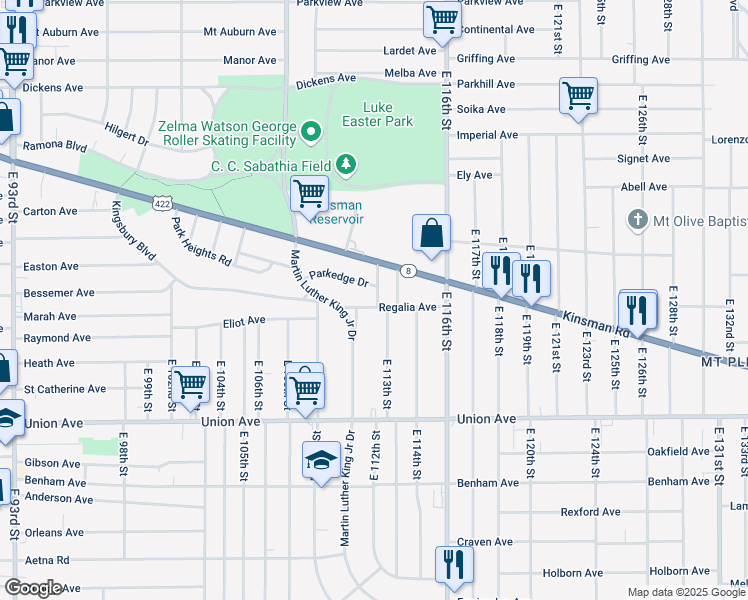 map of restaurants, bars, coffee shops, grocery stores, and more near 3356 East 112th Street in Cleveland