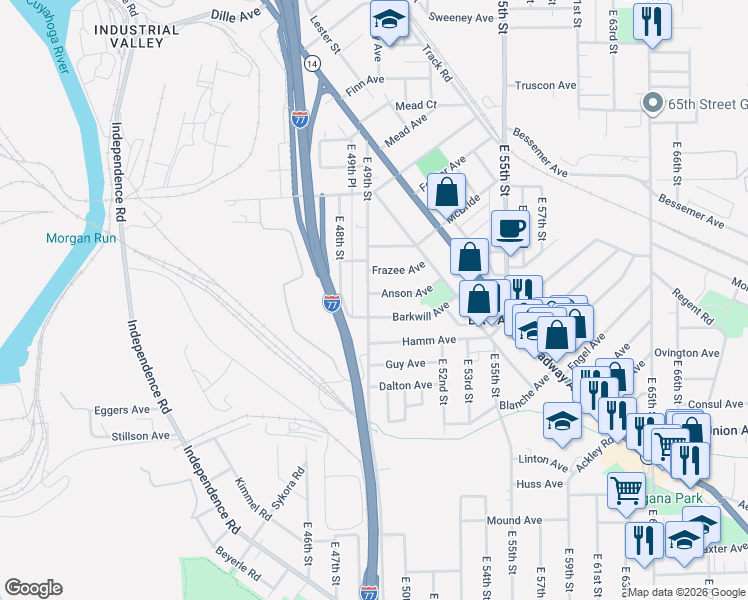 map of restaurants, bars, coffee shops, grocery stores, and more near 3329 East 49th Street in Cleveland