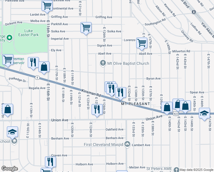 map of restaurants, bars, coffee shops, grocery stores, and more near 3361 East 126th Street in Cleveland