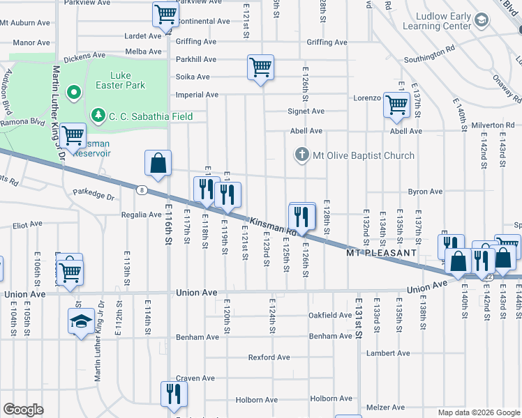 map of restaurants, bars, coffee shops, grocery stores, and more near 3356 East 123rd Street in Cleveland
